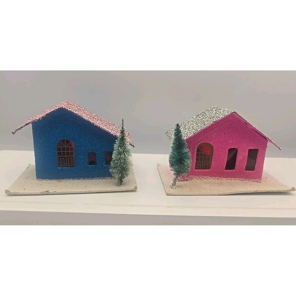 2 Vintage Christmas Putz Houses Church Bottle Brush Tree‎ Blue And Pink